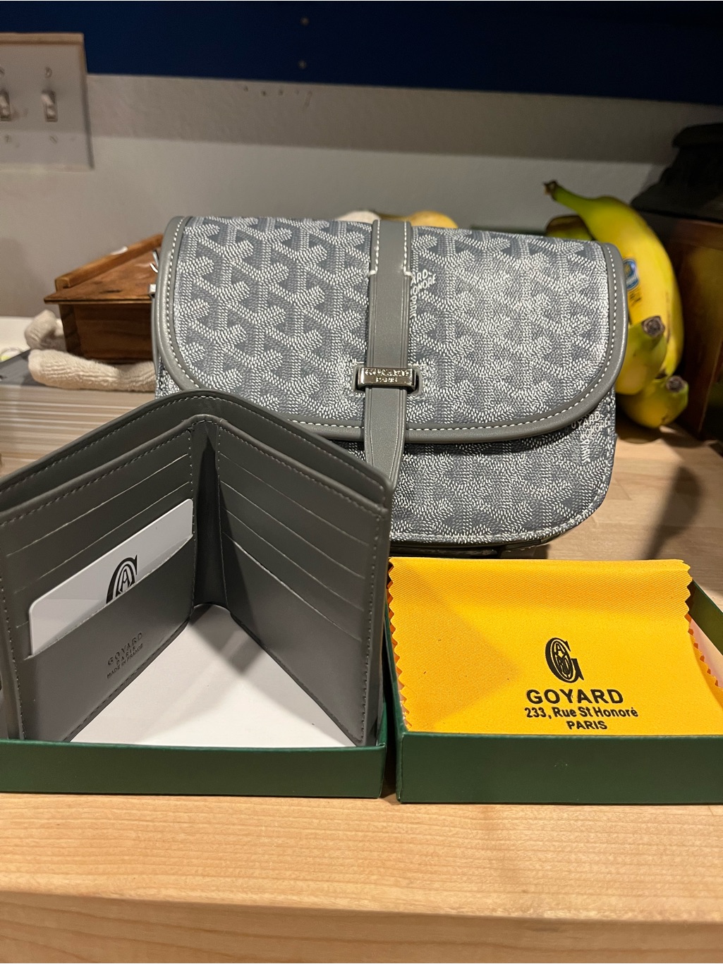 Gray Leather Card Wallet With Embossed Logo